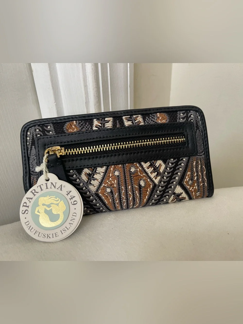 Spartina Black Embroidered Zip Wallet